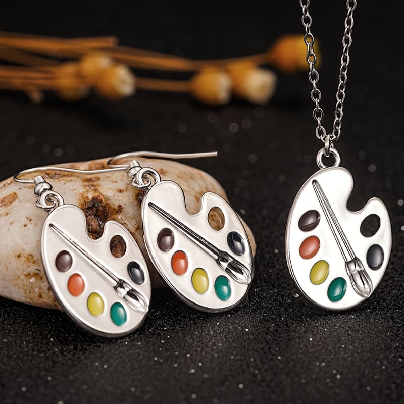 TEMU 1 Set Women's Jewelry Set Creative Colorful Enamel Palette Paintbrush Earrings Necklace Set For Daily Casual Party Cute Earring Necklace Jewelry Gift Unique Birthday Present