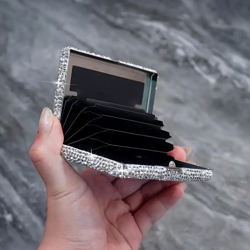 TEMU Anti-theft Diamond-studded Silvery Aluminum Alloy Card Holder, Zirconia Glitter Design, Anti-theft Multi-compartment Anti-magnetic Portable Compact Card Case, High-value Business Card Box