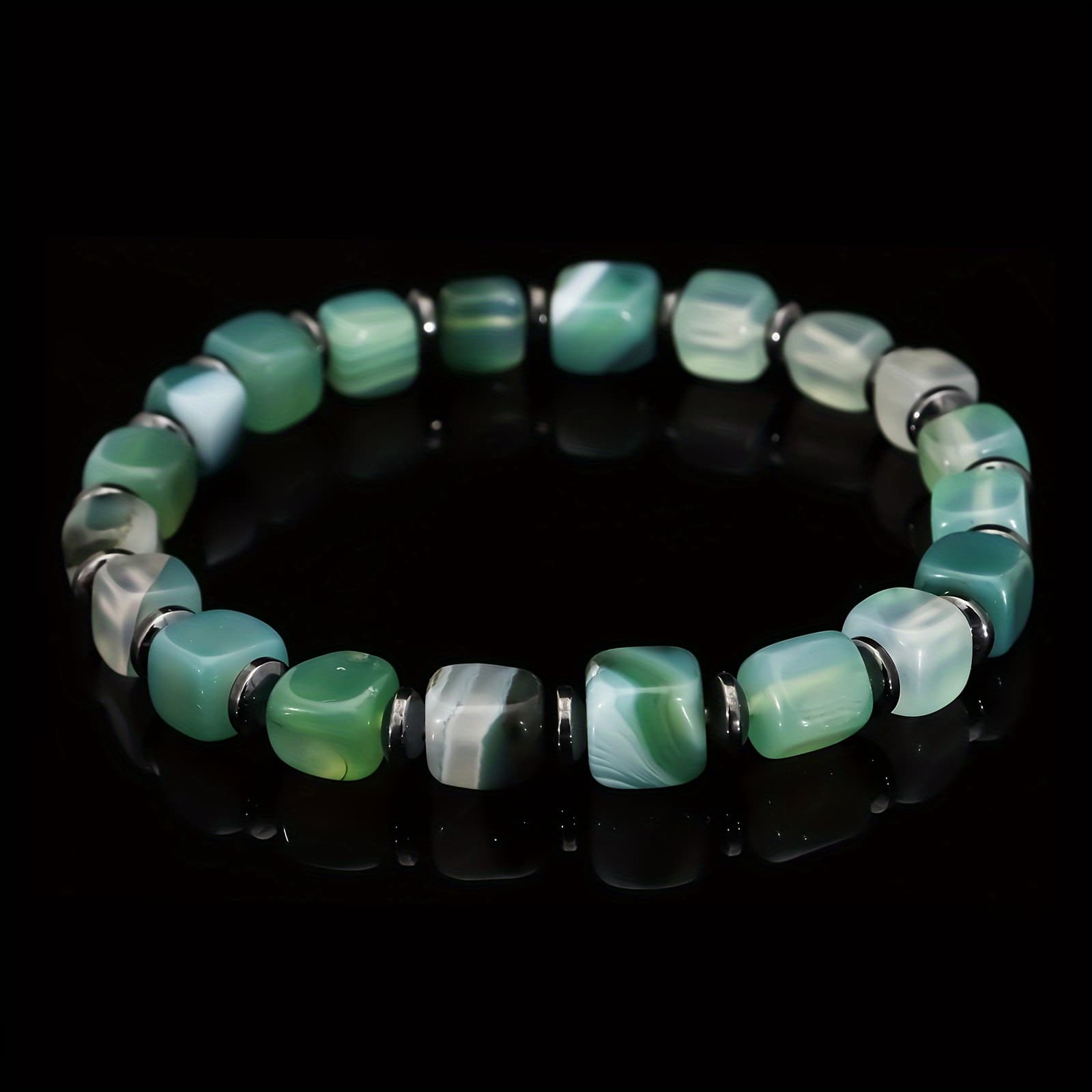 TEMU 1pc Women's Fashion Natural Stone Bracelet Jewelry, 6mm Square Stone Round Hematite Ufo Spacer Beads, Pure Handmade Elastic Cord Beaded Natural Stone Bracelet