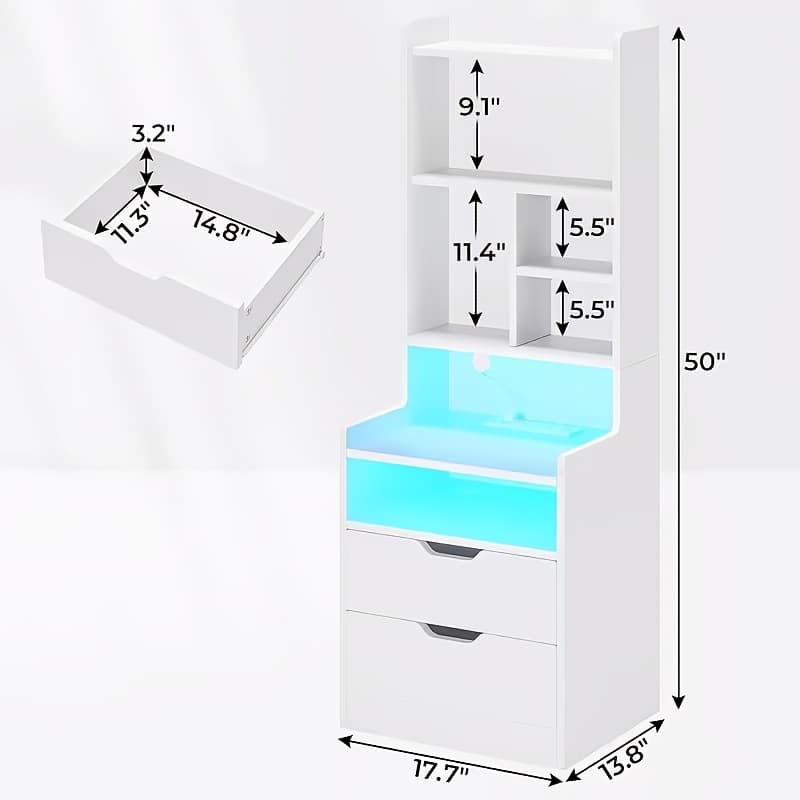 TEMU 50 Inch White Tall Nightstand With Charging Station & Led Lights - 3in 1 Office, Nightstand & Bookshelf For Bedroom, Office & Living Room