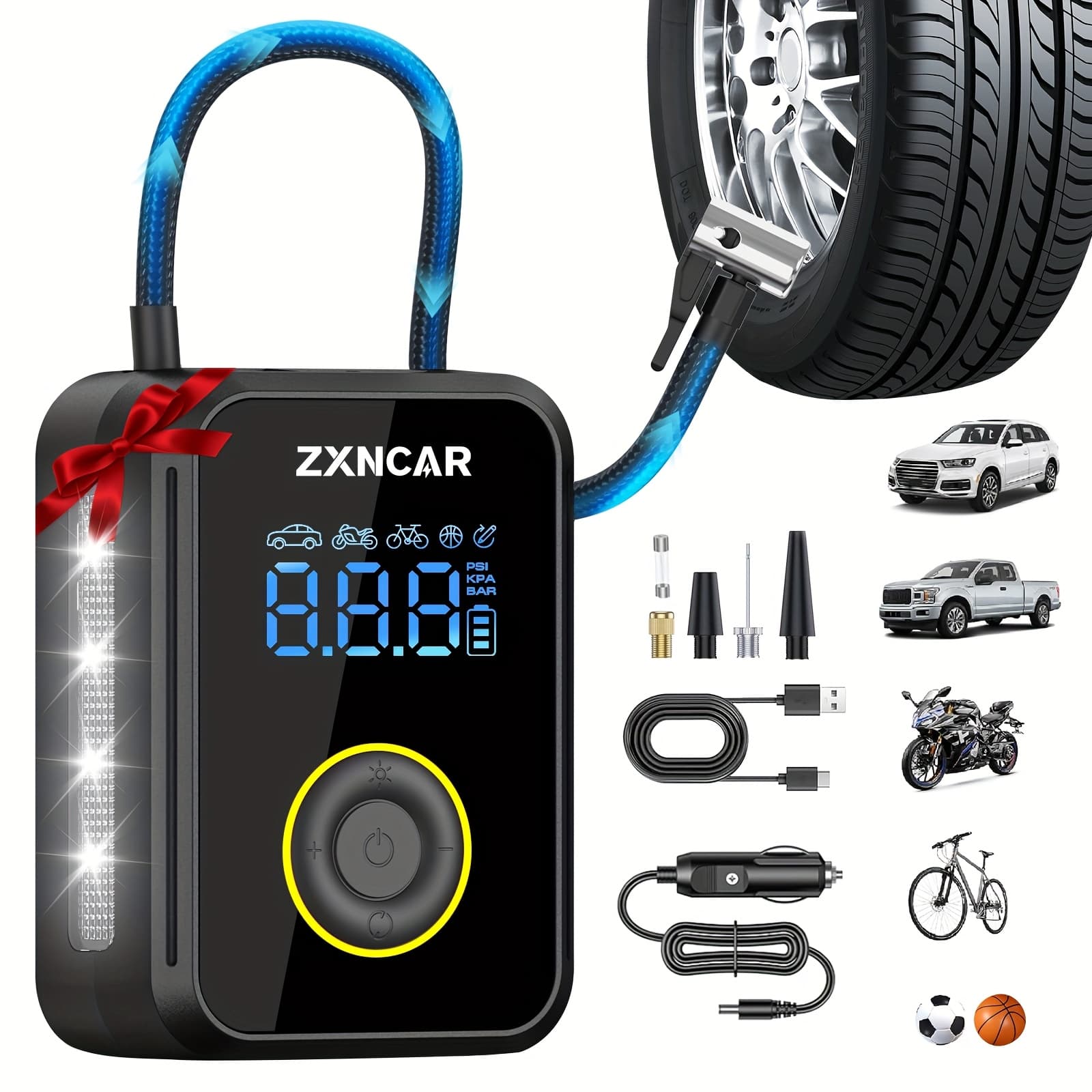 TEMU 4x Fast Inflation Tire Inflator Portable Air Compressor, Rechargeable Battery And 12v 200psi Auto Air Pump For Car Tires Bicycles Motorcycles Balls With Pressure Gauge Handbag
