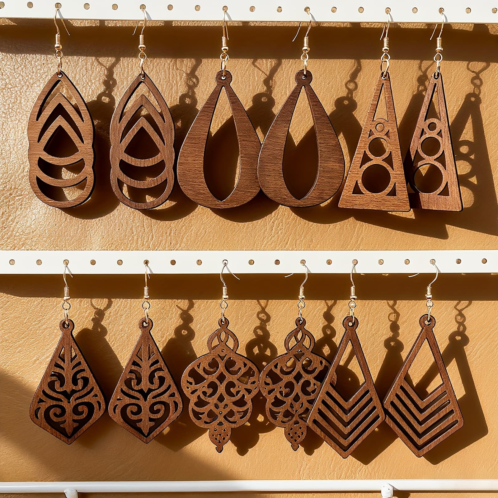 TEMU 6 Pairs Of Bohemian Style Wooden Hollow Earrings, Featuring A Geometric Teardrop , Wear, Women's Holiday And Party Jewelry, Suitable For Autumn And Winter, Lightweight And