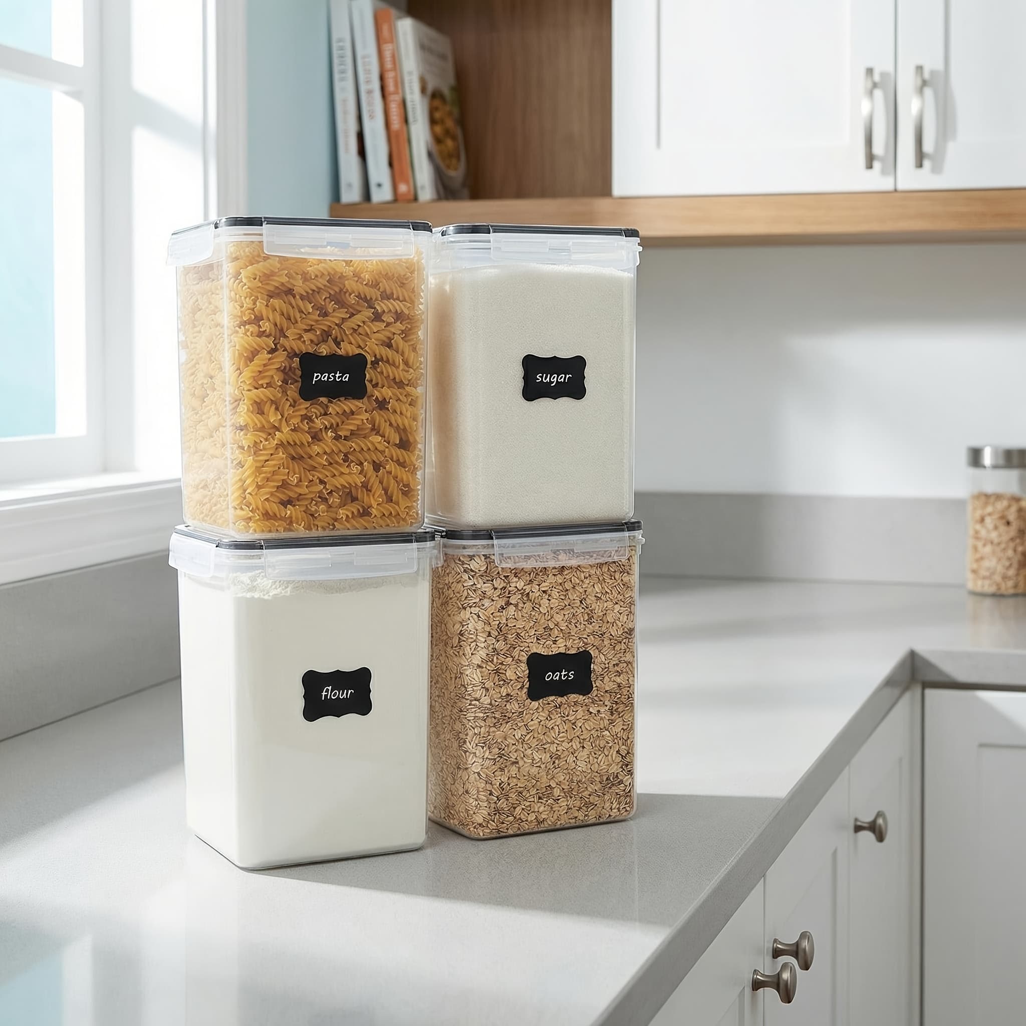 TEMU 4 Pack Sealed Jars, Large Food Storage Containers, Bpa Free Plastic Airtight Canisters For Flour, Sugar, Baking Supplies, Pasta, Rice With Lids, 4 Measuring Cups And 24 Labels, Black