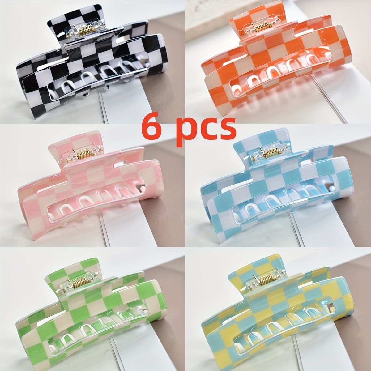 TEMU Set Of 6 Vibrant Hair Clips With A Checkered Design, Stylish And Claw Clips Ideal For Updos, Great For Parties, Holidays, Everyday Wear, And As Gifts For Her