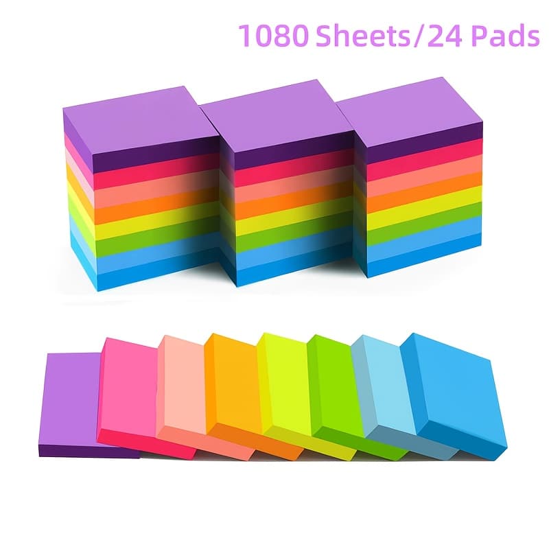 TEMU 1080 Sheets/24pcs Neon Colored Sticky Notes, 3.8 X 5.1 Cm, 8-color Adhesive , Colored Sticky Paper, Suitable For Office, Home, School, Meeting, 45 Sheets Per Pack