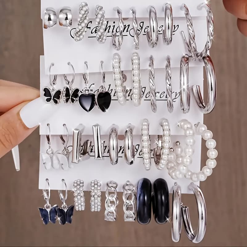 TEMU 40pcs Simple Irregular Geometric Love Heart Twist Hollow Inlay Pearl Earrings Set, Women's Summer Daily Match Seaside Beach Vacation Dating Party Gifts