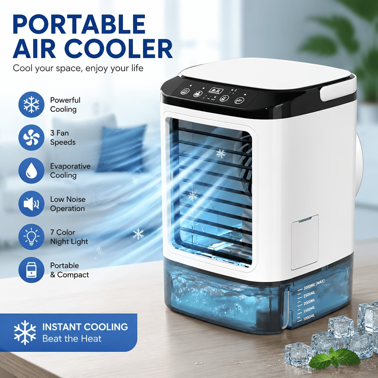 TEMU Portable Air Conditioner Fan, Usb Personal Cooling Fan, 3-speed Wind , Indoor And Outdoor Use, With Humidification Function, Ambient Led Lights, Suitable For Office, Home And Camping Environments