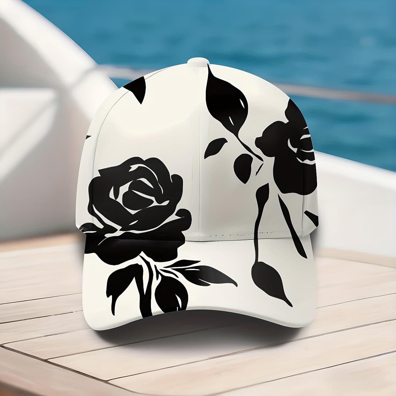 TEMU Black And White Rose-printed , Pattern Hat, Literary Style , Adjustable For Men And Women, Suitable For , Travel, Sun Protection And Shade, Fashionable And All-match For Couples