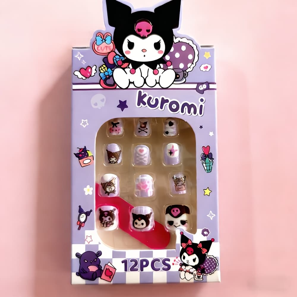 TEMU 12pcs/box Kuromi Short Length Square Press-on Nails Set, Glossy Finish Full Cover Fake Nails With Jelly Glue & Nail File Included, Artificial Cute Cartoon False Nails For Women S