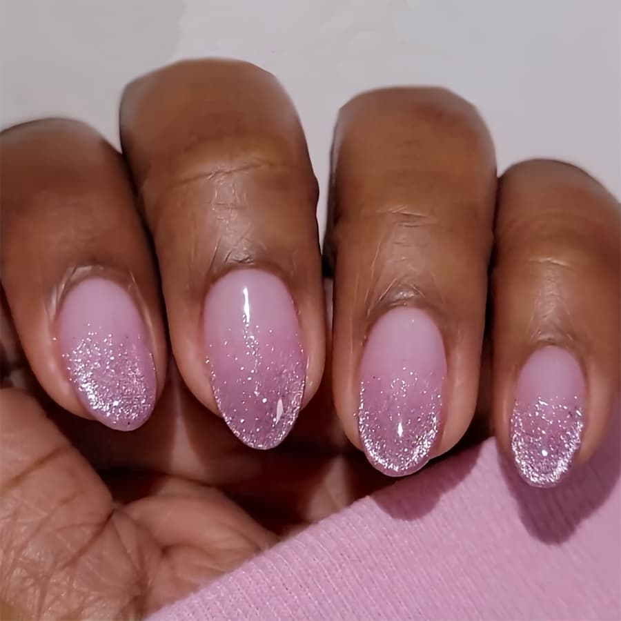 TEMU 24pcs Purple Gradient Nails Silvery Glitter Gradient Fake Nails French Flash Press On Nails Short Almond Shape False Nails Manicure Set Includes 1sheet Adhesive Tabs And 1pc Mini File Wear