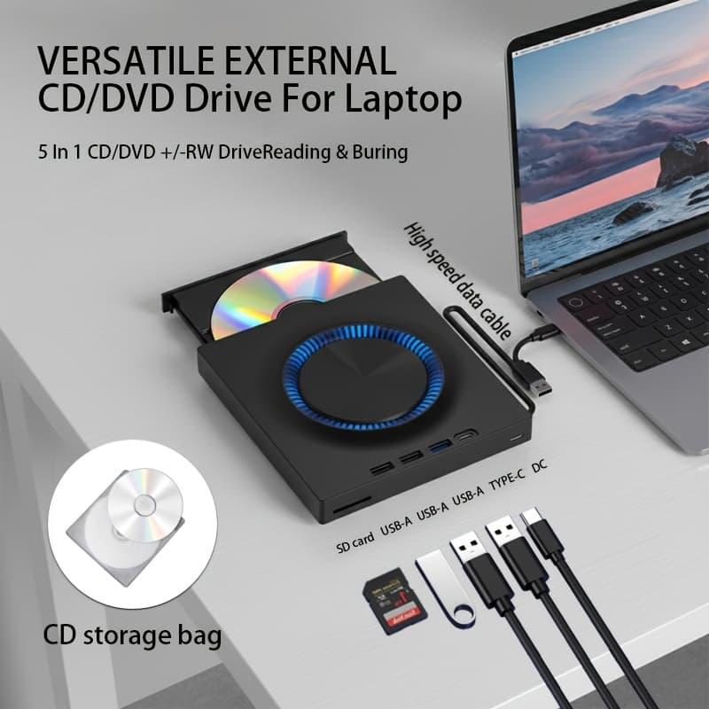 TEMU 7-in-1 Portable Dvd/cd Burner & Reader With Usb 3.0 , External Optical Drive & Dvd Player Compatible For Usb- Burner/reader, Compatible With Laptop/desktop, Includes Cd Storage Bag
