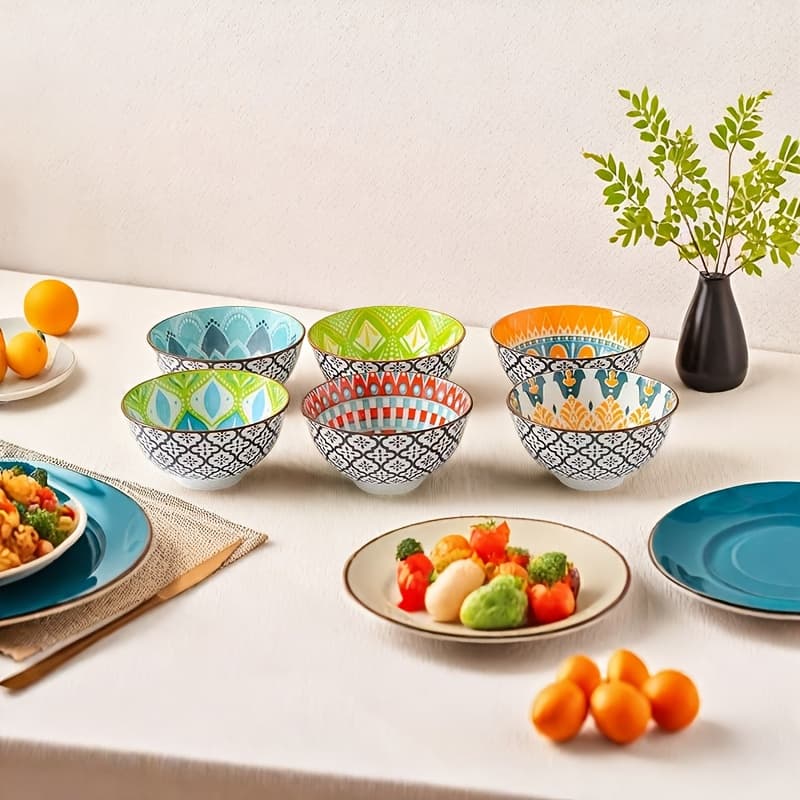 TEMU Of 6 Ceramic Salad Bowls, Each With A Capacity Of 24 Ounces, Featuring A Bohemian Color Underglaze. Bowls Are Microwave Safe And Ideal For Serving Rice, Soup, Noodles, Salads, Fruits, And More