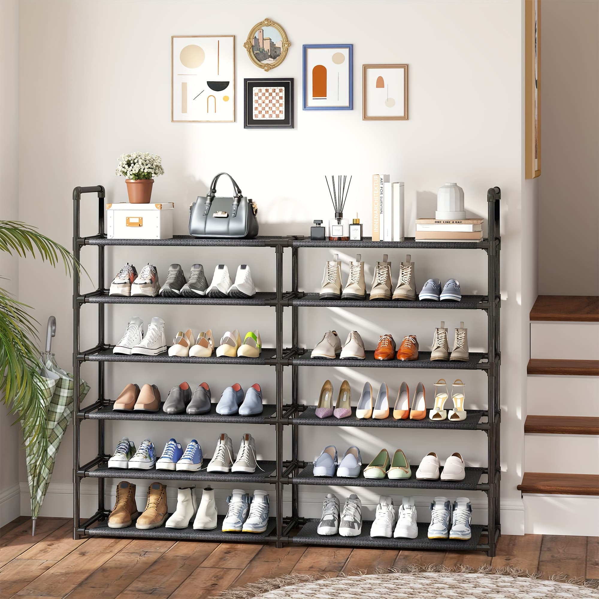 TEMU Double Row Shoe Rack For Boots - Heavy-duty Metal Free Standing Shoe Organizer, Sturdy Entryway Shoe Shelf Storage For Living Room Bedroom, Space-saving Black Cabinet With Easy Assembly