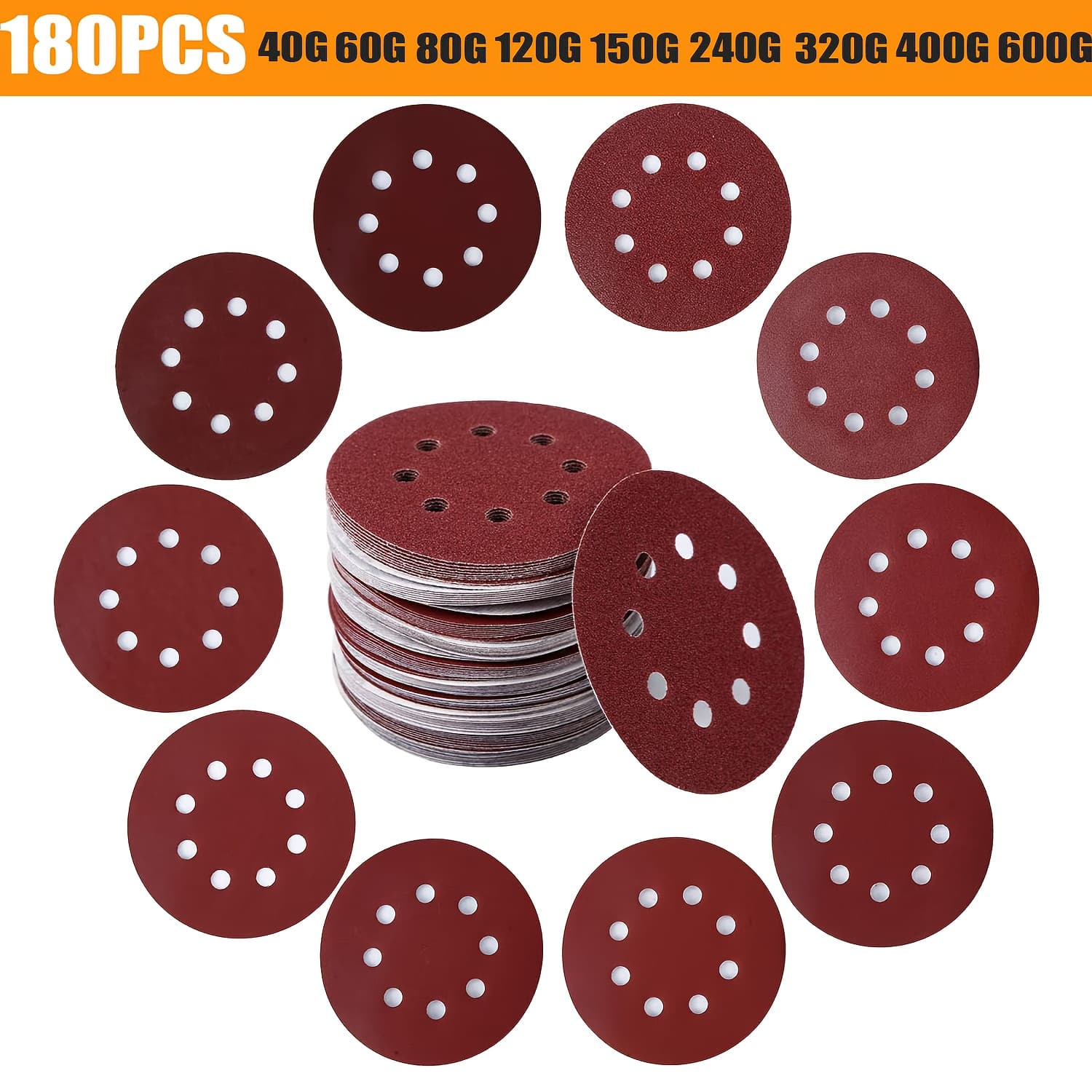 TEMU 180pcs 5 Inch Sanding Discs, Round Hook And Loop Sandpaper For Random Orbital Sander 40 60 80 120 150 240 320 400 600 Grit