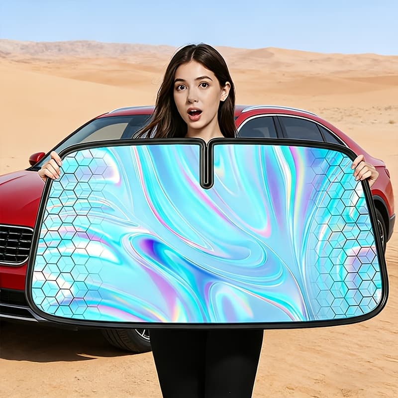 TEMU 2026 New Titanium Silvery Car Sunshade (*55.91 Inches): 4-layer Rhombus, Foldable, Heat-insulating, Fits Most Cars, & Use.