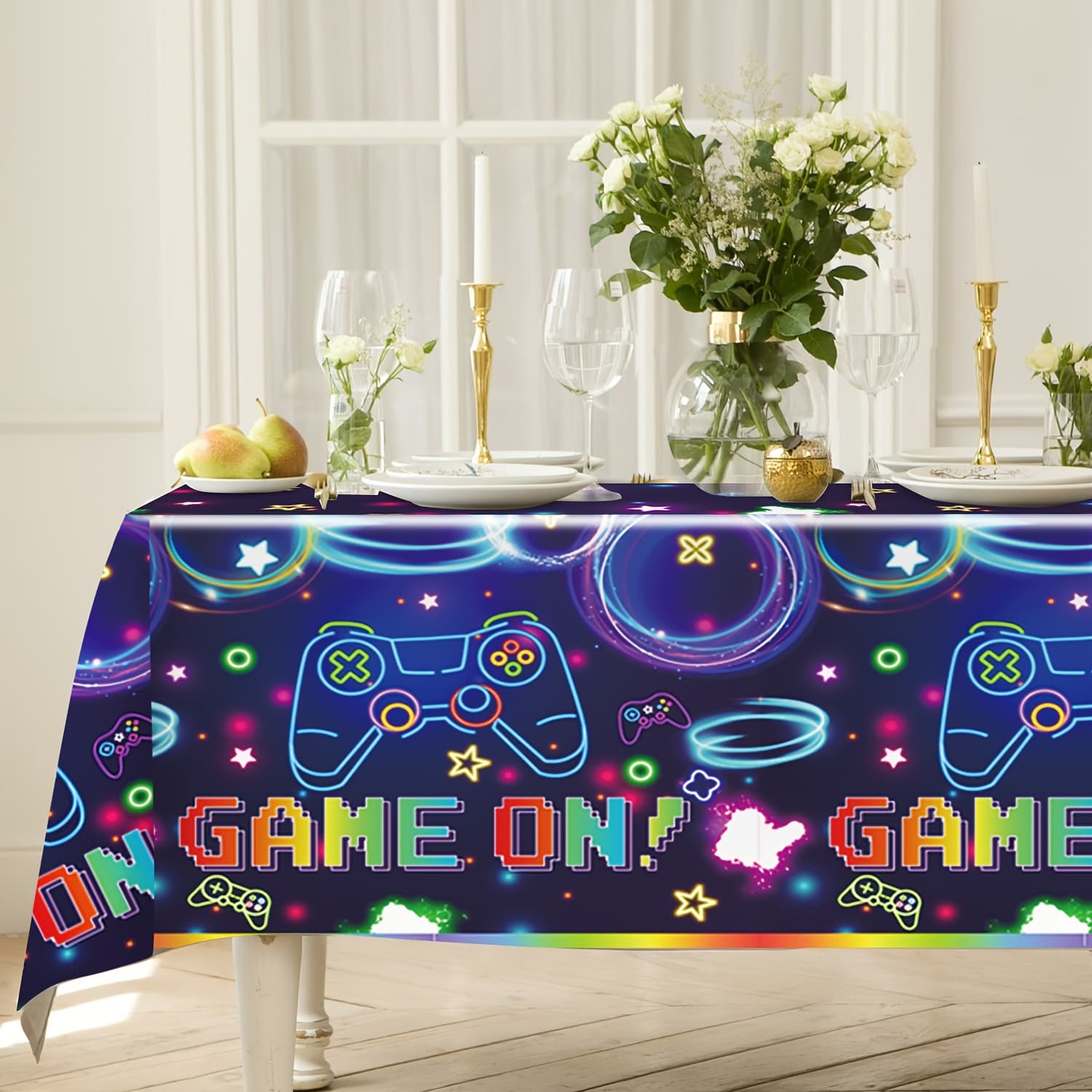 TEMU 1pc Video Game Table Cloth Neon Gaming Birthday Tablecloths For Video Game Party Decorations Favors Gaming Party Table Covers , Wedding Decorations, Summer Decoration, Decor For Outside, Decor