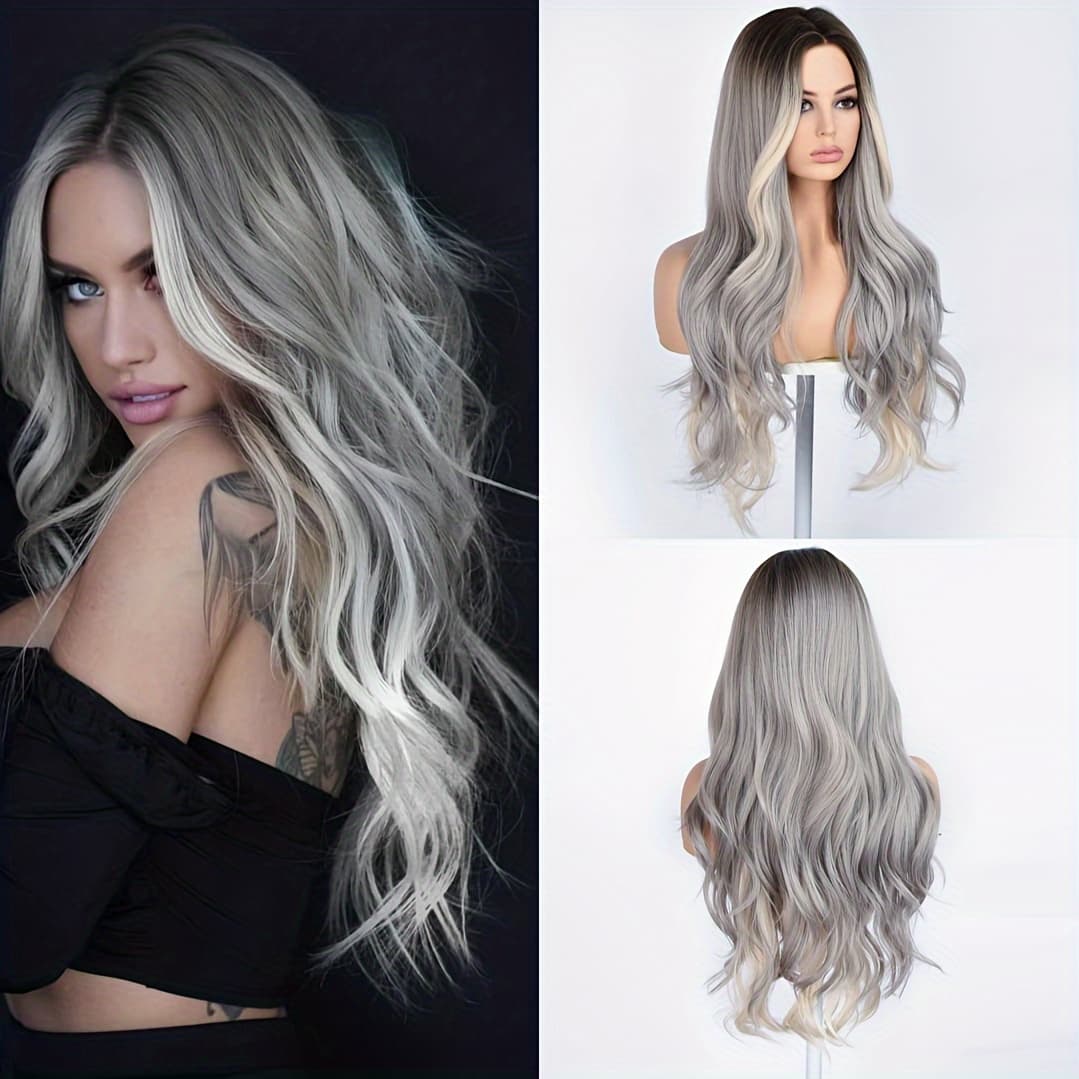 TEMU A 28-inch Long Wavy Gray Gradient Wig Designed For Women, Suitable For Everyday Wear Or Cosplay