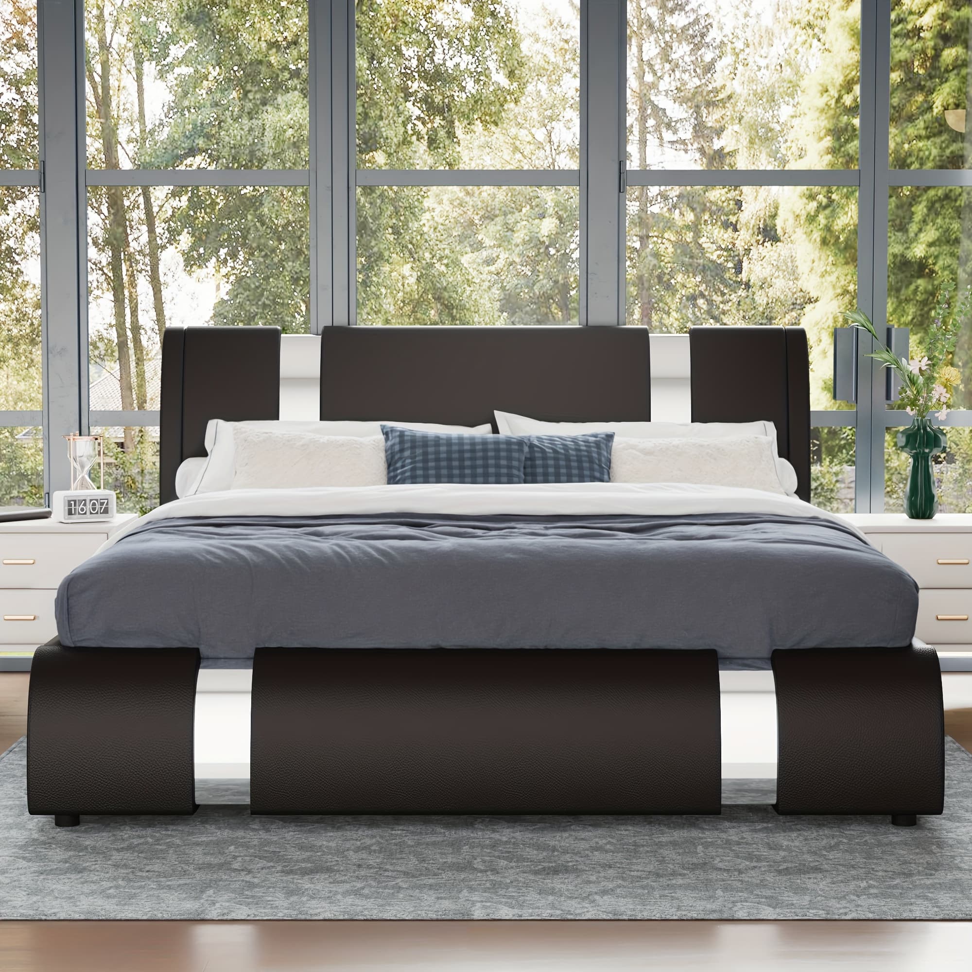 TEMU Weeway Bed Frame With Modern Iron Pieces Decor, Faux Leather Platform Bed With Curved Adjustable Headboard, Wood Slat Support, Spring Required