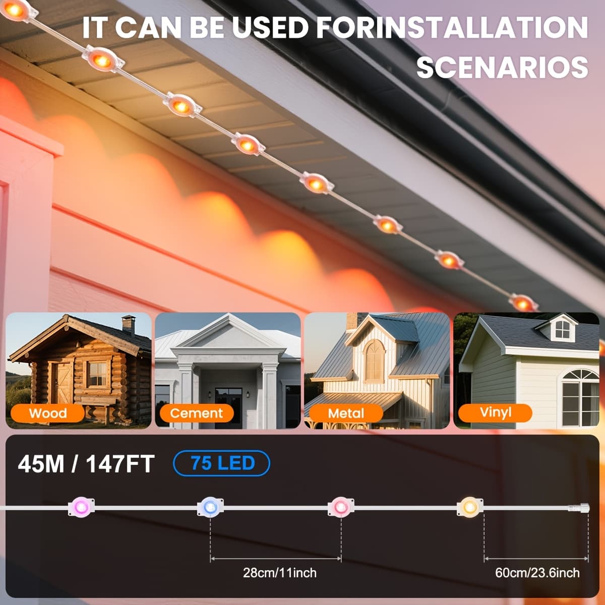 TEMU 100ft 50leds/150ft 75leds Lights, For House Roof, Christmas, Holiday, Party, Daily Lighting, Ip67 Waterproof, Rgb Lights With Multi Scene For Halloween, App & 44 Key Remote