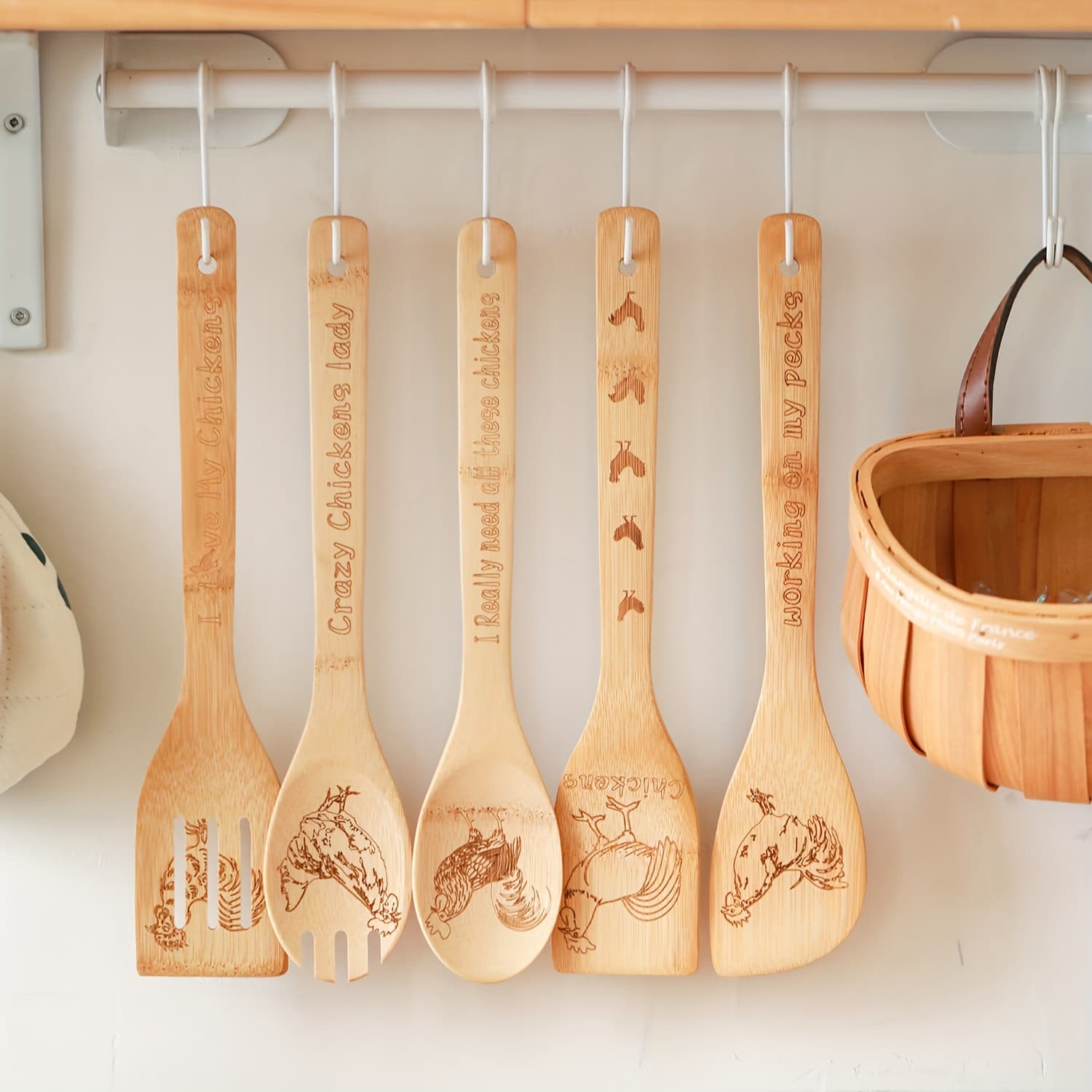 TEMU 5 Rooster Bamboo Cooking Spoon Set, Rooster Gift, Chicken Enthusiast Gift, Rooster Kitchen Decoration, Bamboo Cooking Spoon Farmhouse Family Warm Wedding Mom Cooking Gift Father's Day Gift