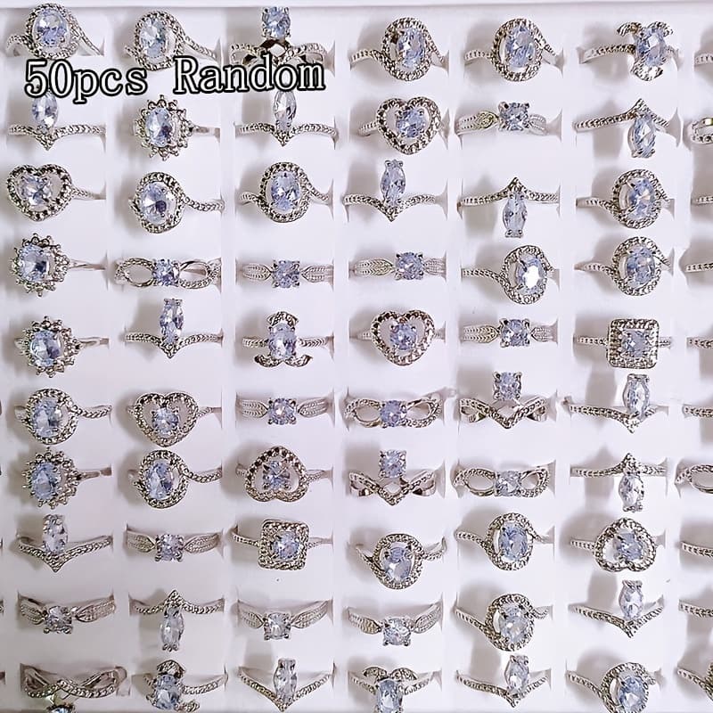 TEMU 50pcs Wholesale Stylish Synthetic Synthetic Zirconia Rings - Versatile Fashion Jewelry For Any Occasion, Style Random