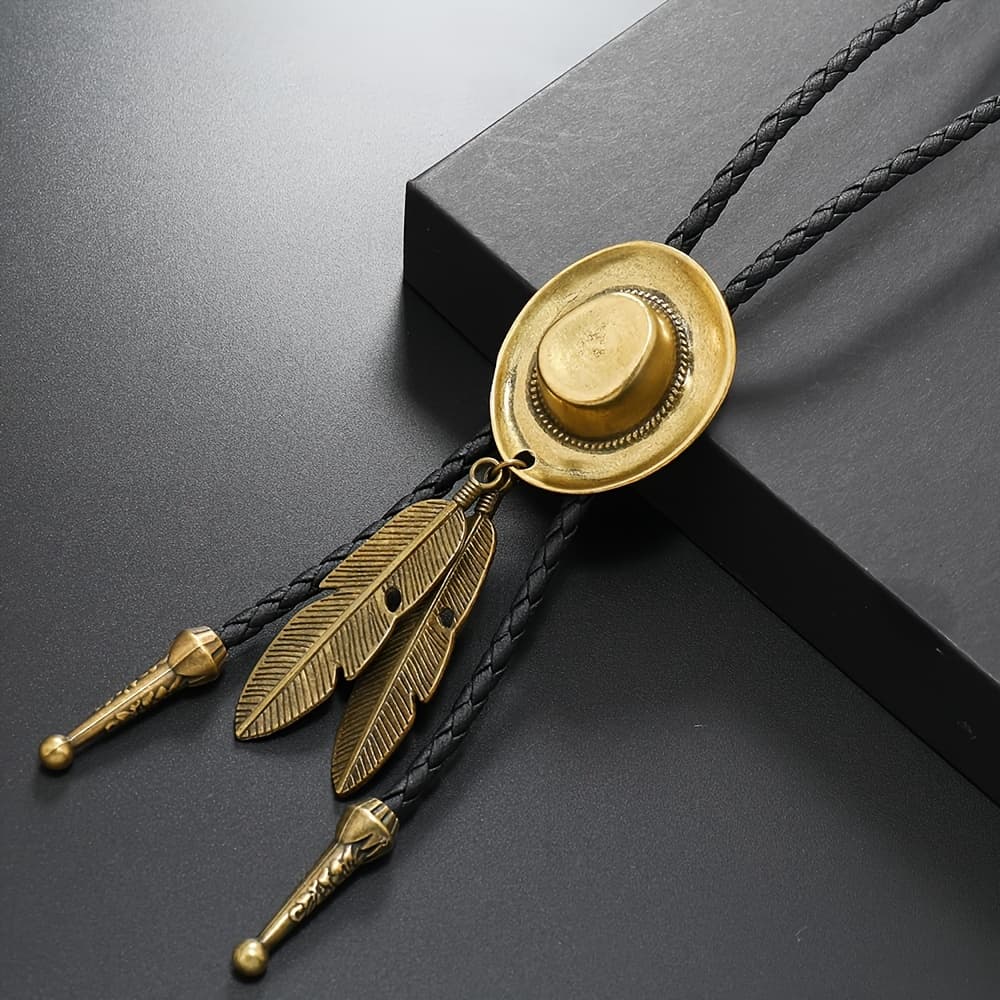 TEMU Western Cowboy Bolo Tie Pendant, Fashionable European And , Leather Necklace With Alloy Feather Charm