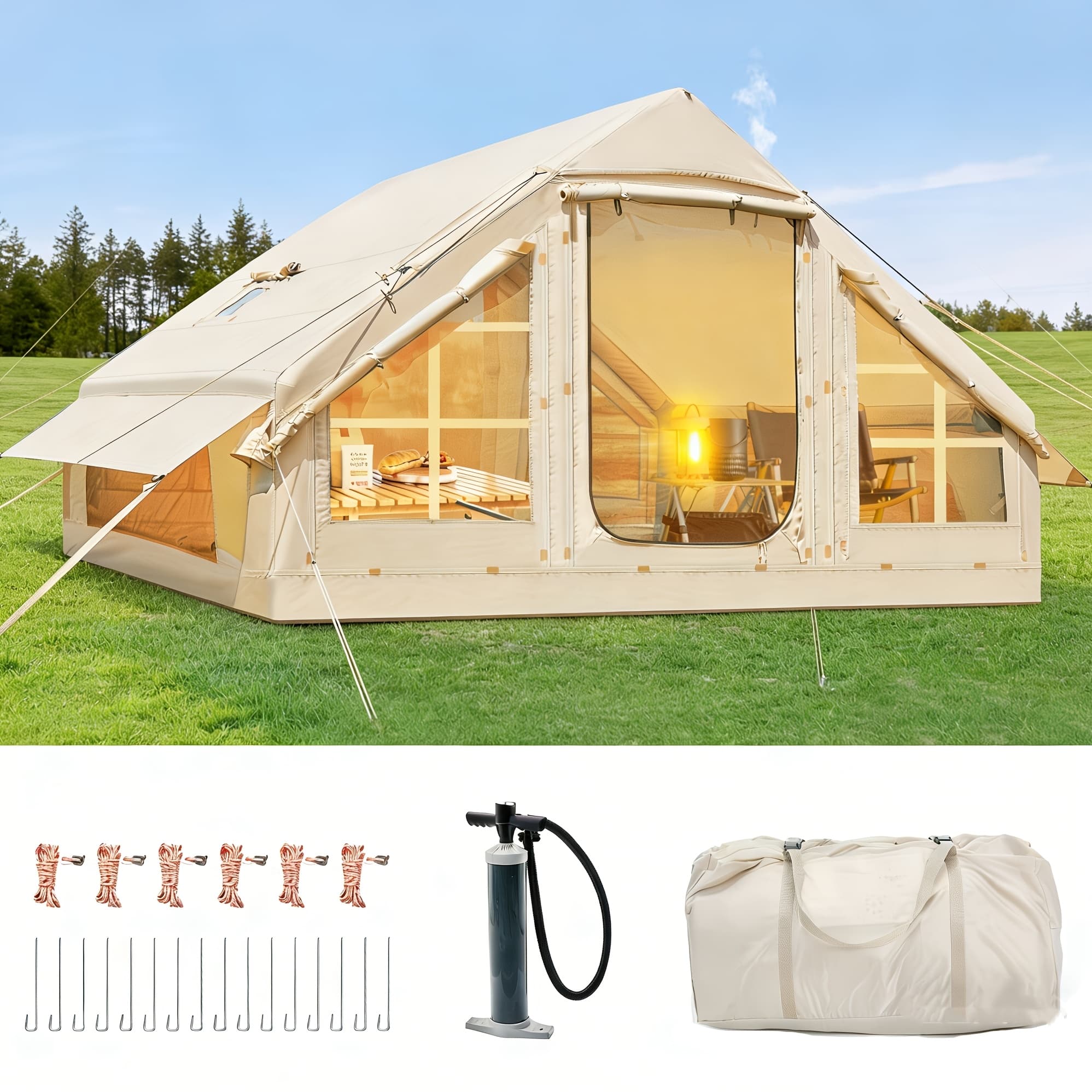 TEMU Mophoto Inflatable Tents For Camping, Blow Up Tent With Hand Pump, Easy Setup Inflatable Hot Tent With Stove Jack, Oxford Air Glamping Tents For Camping Adult 4-6 Person