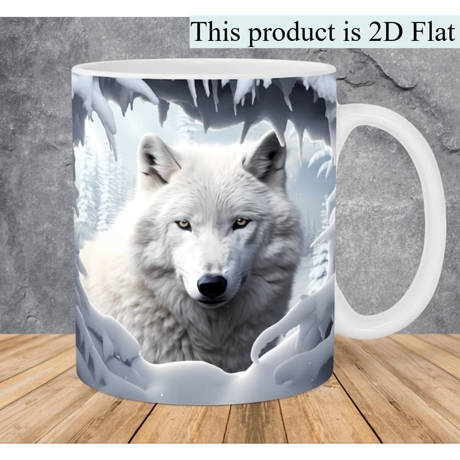 TEMU 2d Flat Print Mug, Winter White Wolf Hole In A Wall Mug, 11oz Mug Template, Mug Sublimation Design Mug, Spiritual Animal Design Mug