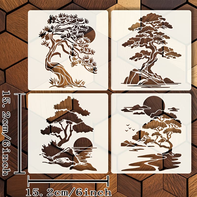TEMU 4pcs Zen Pine Tree Stencgars Compatible For Platforms | 6x6” Mountain & Water Templates | Cutout Board For Diy Wood, Canvas, Fabric, Wall Decoration With Pine Silhouette