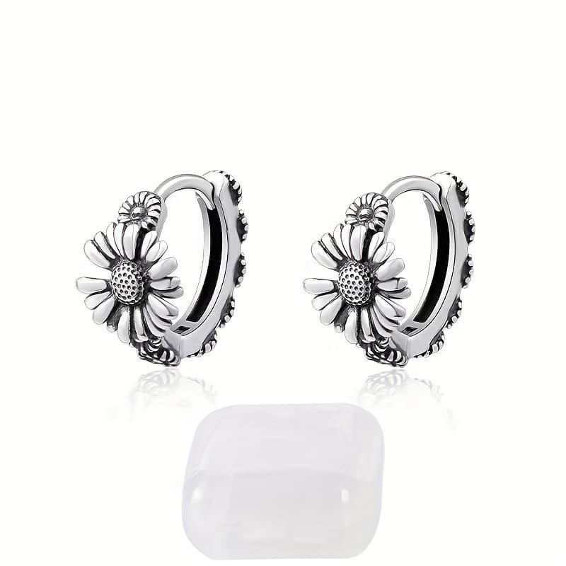TEMU 1 Pair Style Hip Hop Sunflower Hoop Earrings With Storage Box For Men Women Unisex, Copper Material, Silver Plated, No Fading No Allergies Fashion Jewelry For Birthday & 2025 Gift