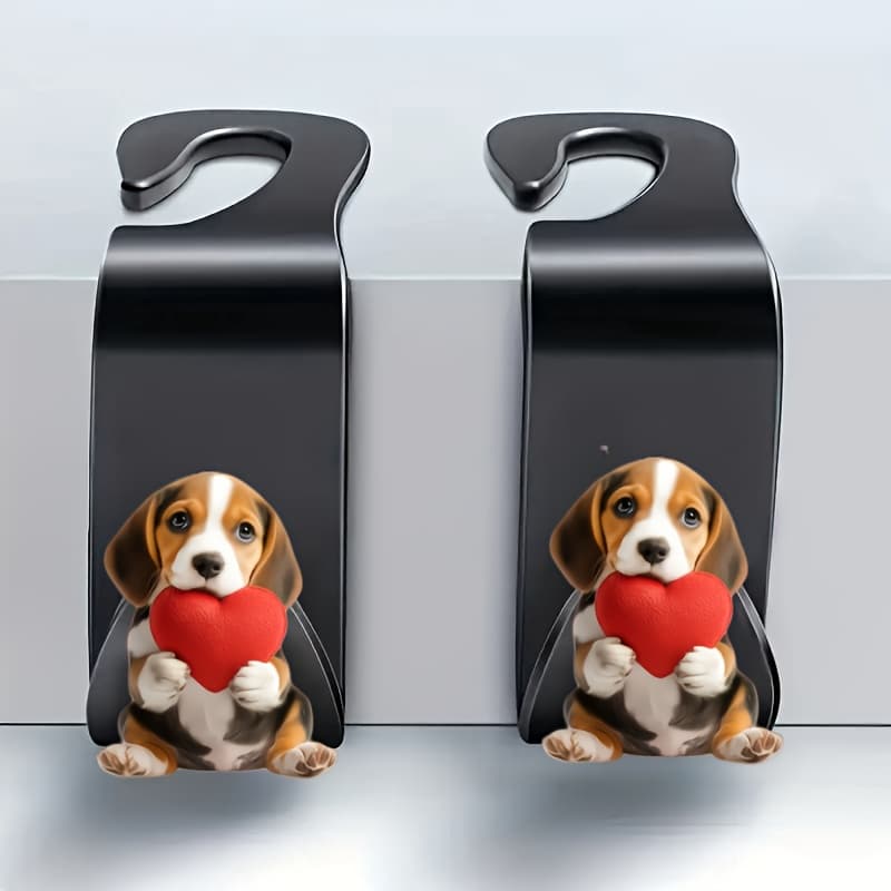 TEMU 2pcs Cute Beagle Heart Car Seat Hooks - Fit Hidden Storage Hooks With Adorable Dog & , Acrylic Material, Multi-use Organizer For Car Interior Accessories