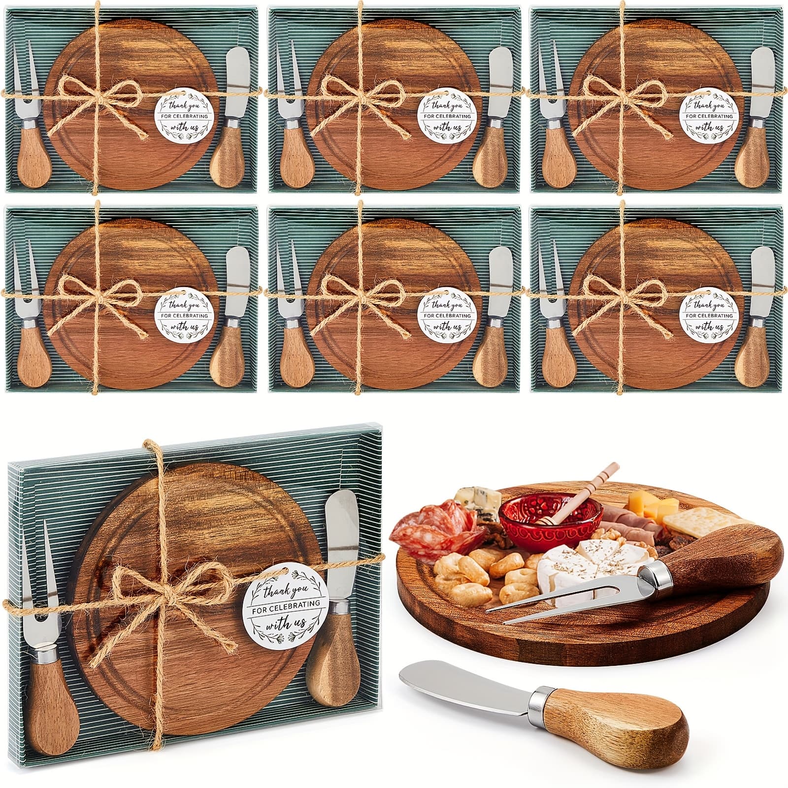 TEMU Shower Bridal Game Prizes For Round Cheese Board Set Wood Mini Charcuterie Board With Knives And Forks Bulk Thank You Card With Gift Box For Guests Wedding Favors(6 Sets, Acacia)