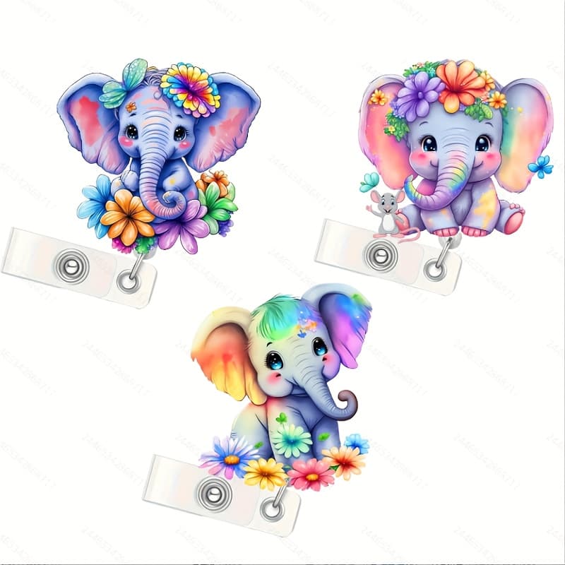 TEMU 3pcs Color Elephant Retractable Id Badge Holder-cute And Vivid Elephant Theme Acrylic Badge Holder, Suitable For Nurses, Teachers And