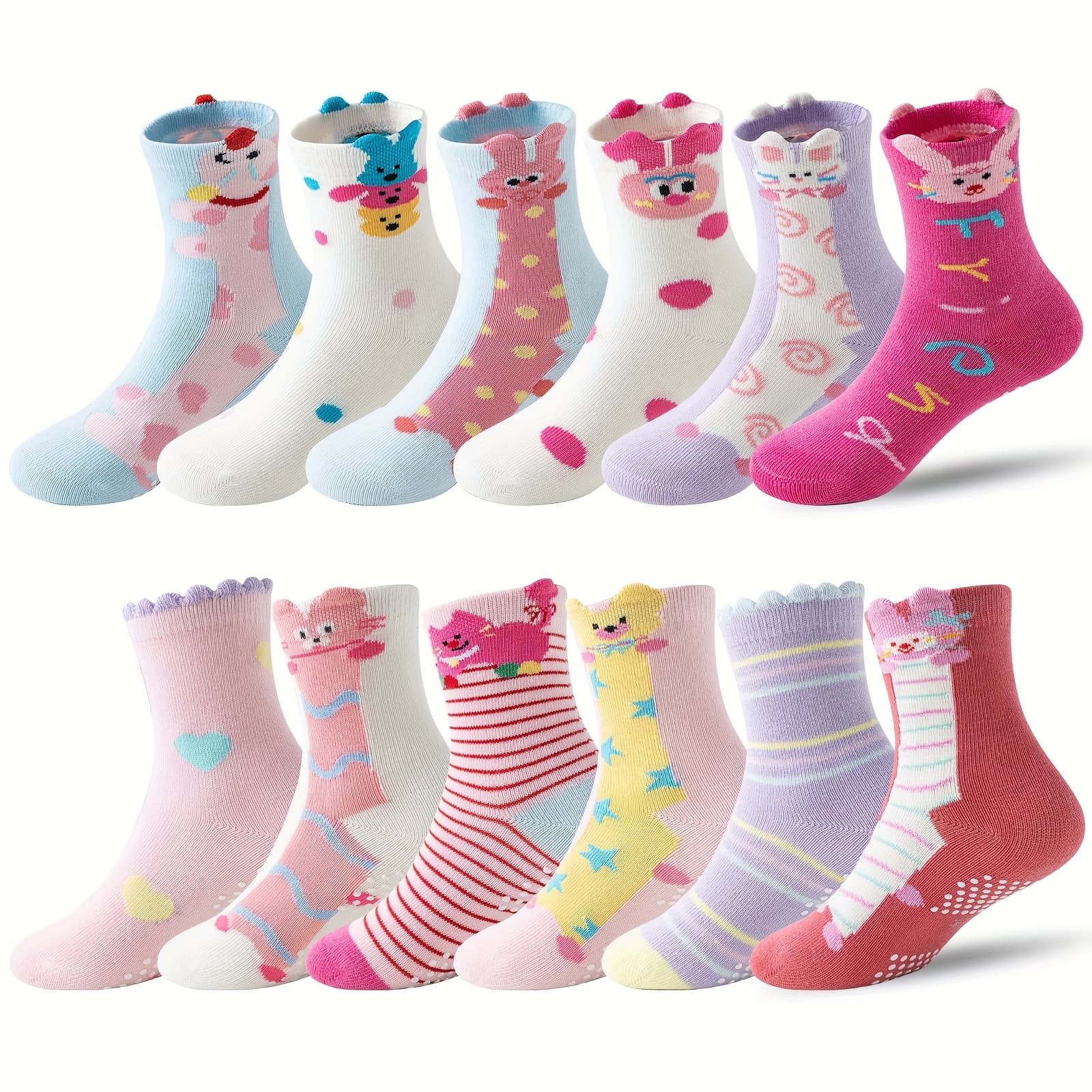 TEMU 12 Pairs Girls Grips Socks Anti Slip Non Skid Animal Funny Cartoon Crew Breathable Cotton Socks