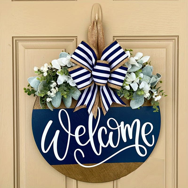 TEMU 1pc "welcome" Door Wreath, Front Door Sign, Front Door Decoration Wreath, Housewarming Gift, Home Decor, Round Wood Plank Wreath, Yard Art Decoration
