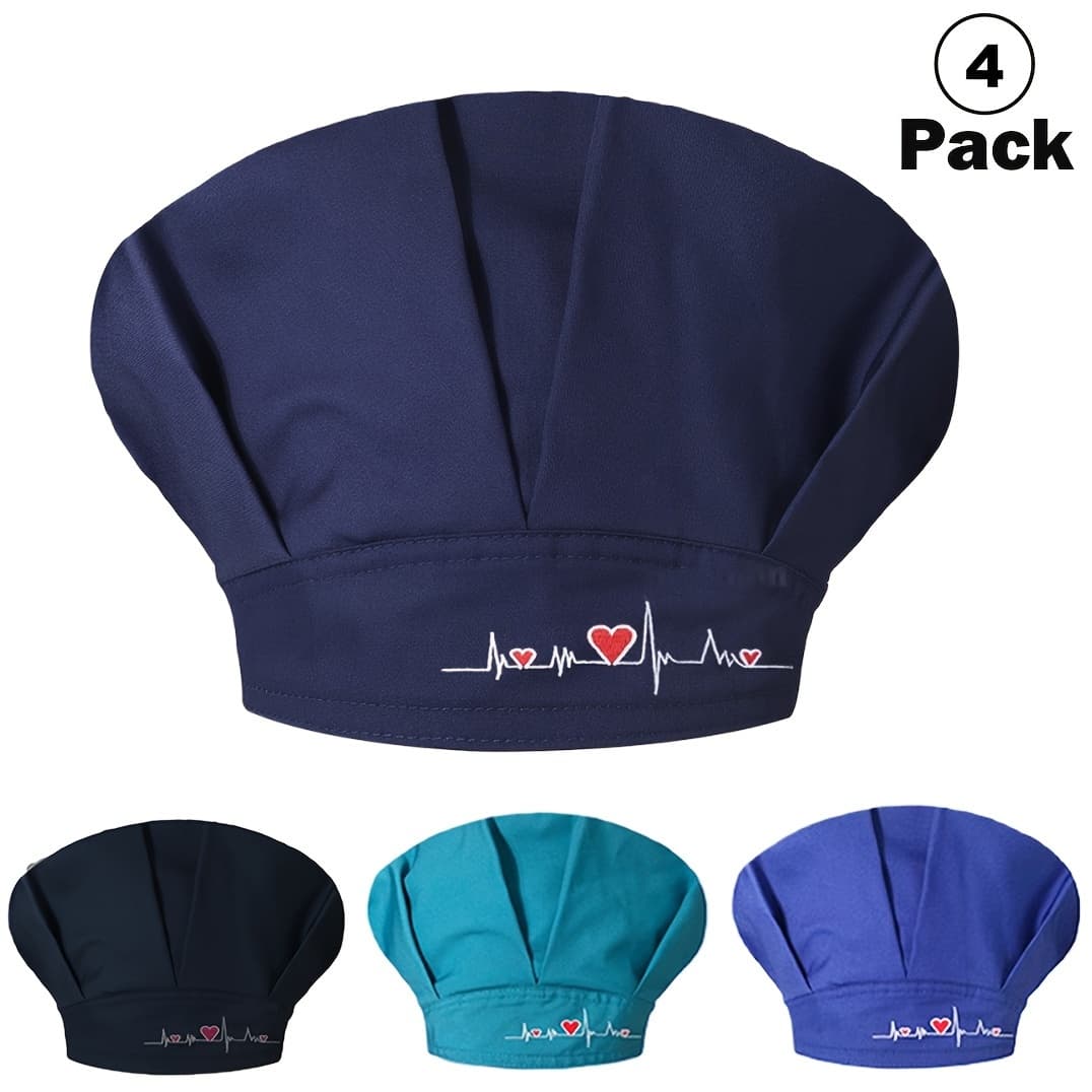 TEMU 4 Bouffant Caps With Button And Sweatband, Adjustable Scrub Nurse Caps For Women Men, Breathable Working Hat, Solid Color Beanie