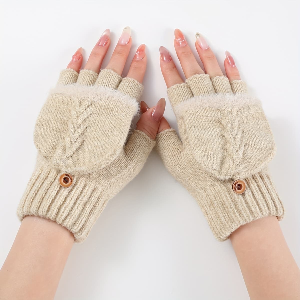 TEMU 1 Pair Women's Autumn Winter Cable Flap Plush Gloves Fashionable Individual Outdoor Warm Versatile Cold-proof Finger Arm Sleeves