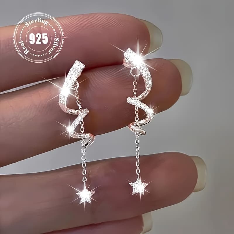 TEMU 1 Pair Of Zirconia Geometric Spiral Twisted Star Tassel Pendant Earrings, Women's Multifunctional Fashionable Pendant Earrings, Suitable For Parties And Daily Wear, Suitable For Women's Earrings
