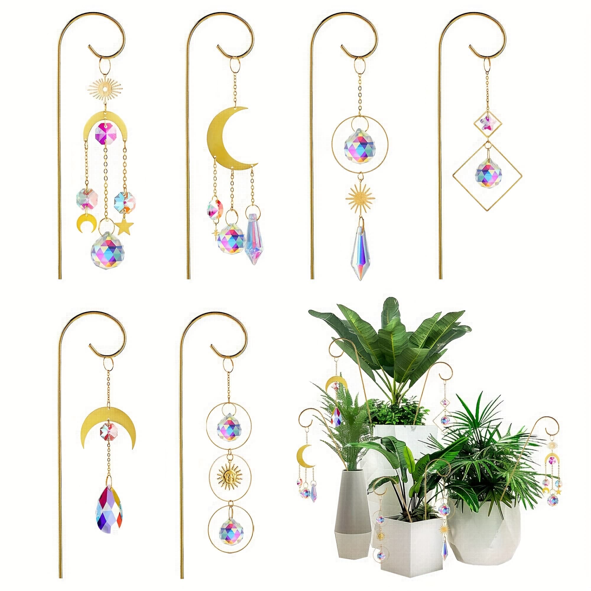 TEMU 6-pack For Mini Plant Stakes With Colorful Catchers - 8" Indoor/outdoor Plant Stakes For Potted Plants, Durable Suncatchers With Golden-tone Hanging