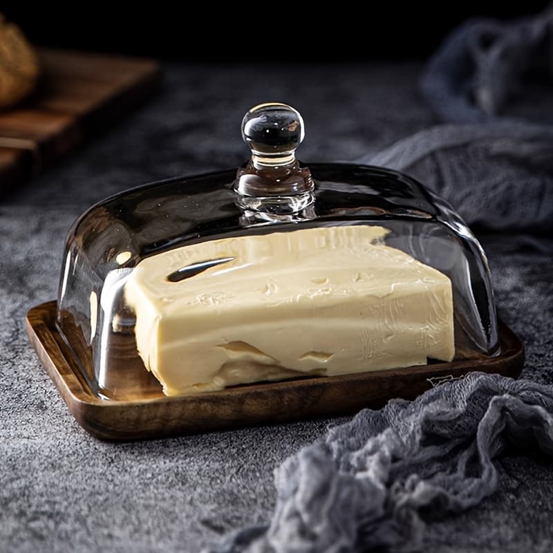 TEMU Acacia Wood Butter Dish With Clear Glass Tray - Versatile Kitchen & Dining Accessory For Butter, Cheese, Desserts, Snacks, Fruits, Charcuterie, Candy - Rustic Vintage Style Modern Serving Platter