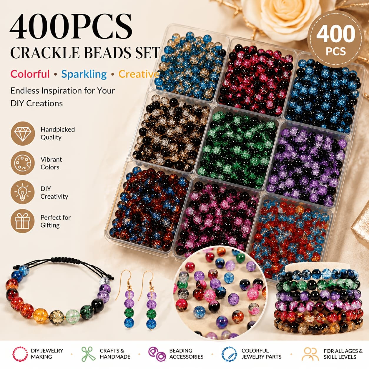 TEMU 400pcs Colorful And Diverse Flash Crack Circular Bead Set, Hand Varieties | Used For Jewelry Making, Craft Supplies, Colored Jewelry Making Parts And Accessories