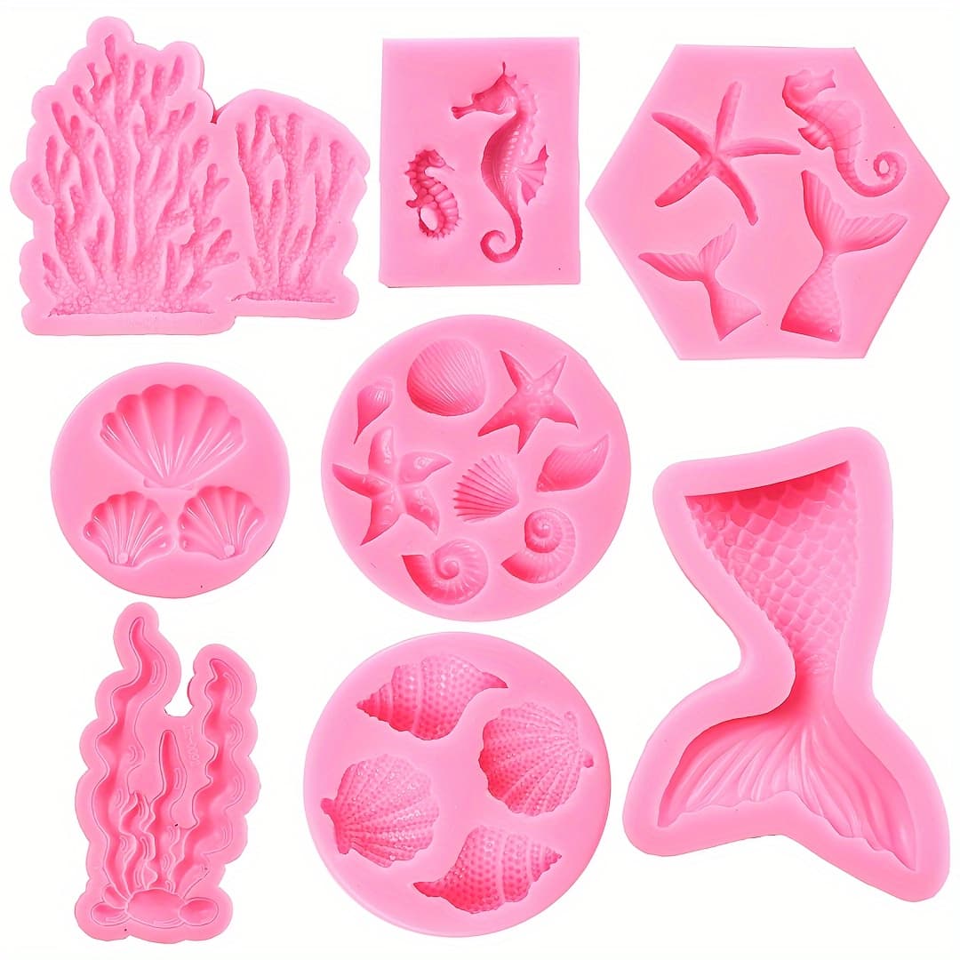 TEMU 8pcs Mermaid Theme Silicone Molds, Mermaid, Shell, Seaweed, Coral Silicone Molds, Polymer Clay, Craft Projects And Decorative Silicone Molds