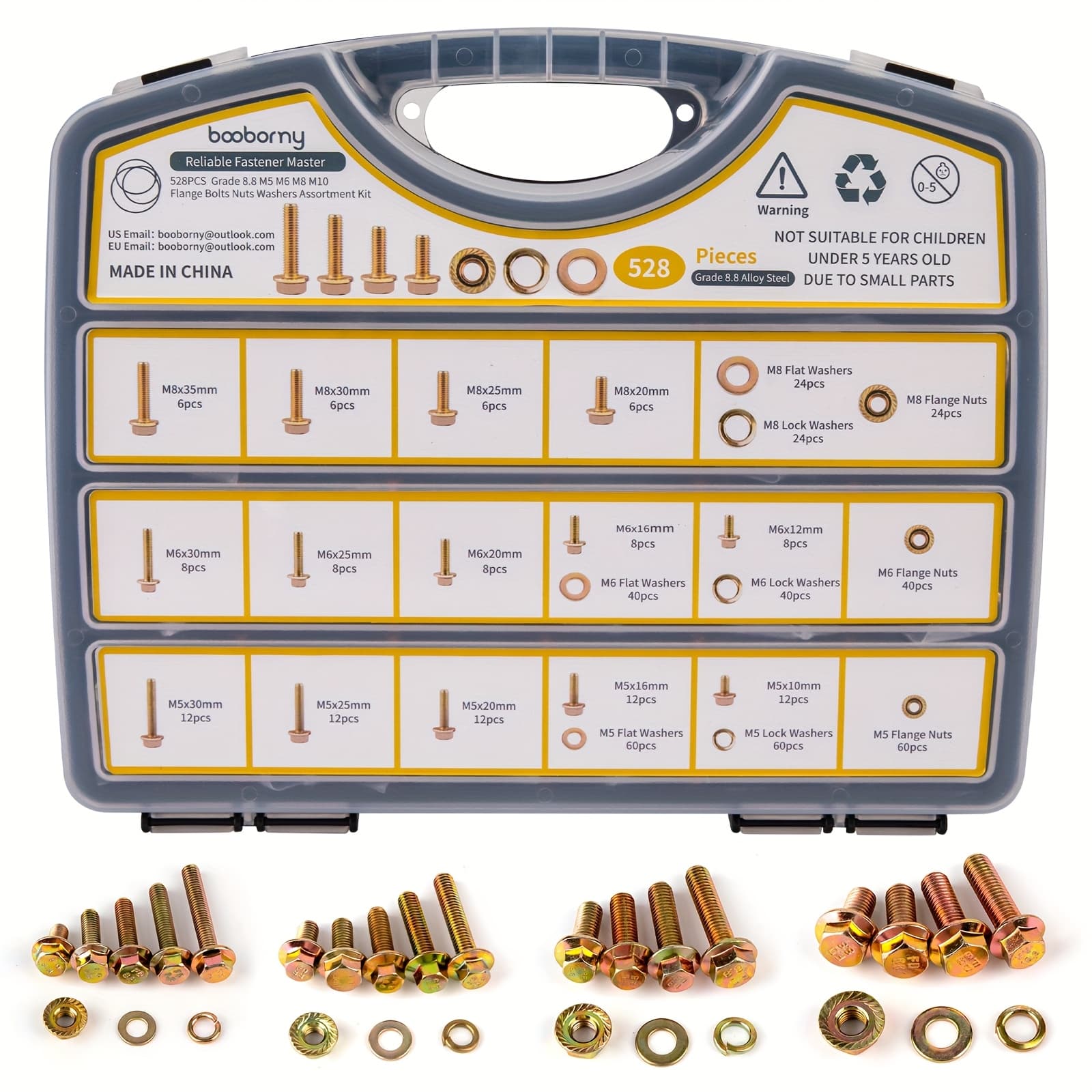 TEMU 528pcs Booborny Heavy Duty Metric Flange Bolts & Nuts Assortment Kit - M5 M6 M8 M10 (10-35mm) , Yellow Plated Hex /lag Bolts With Durable Storage Case For Automotive,, - Fastener