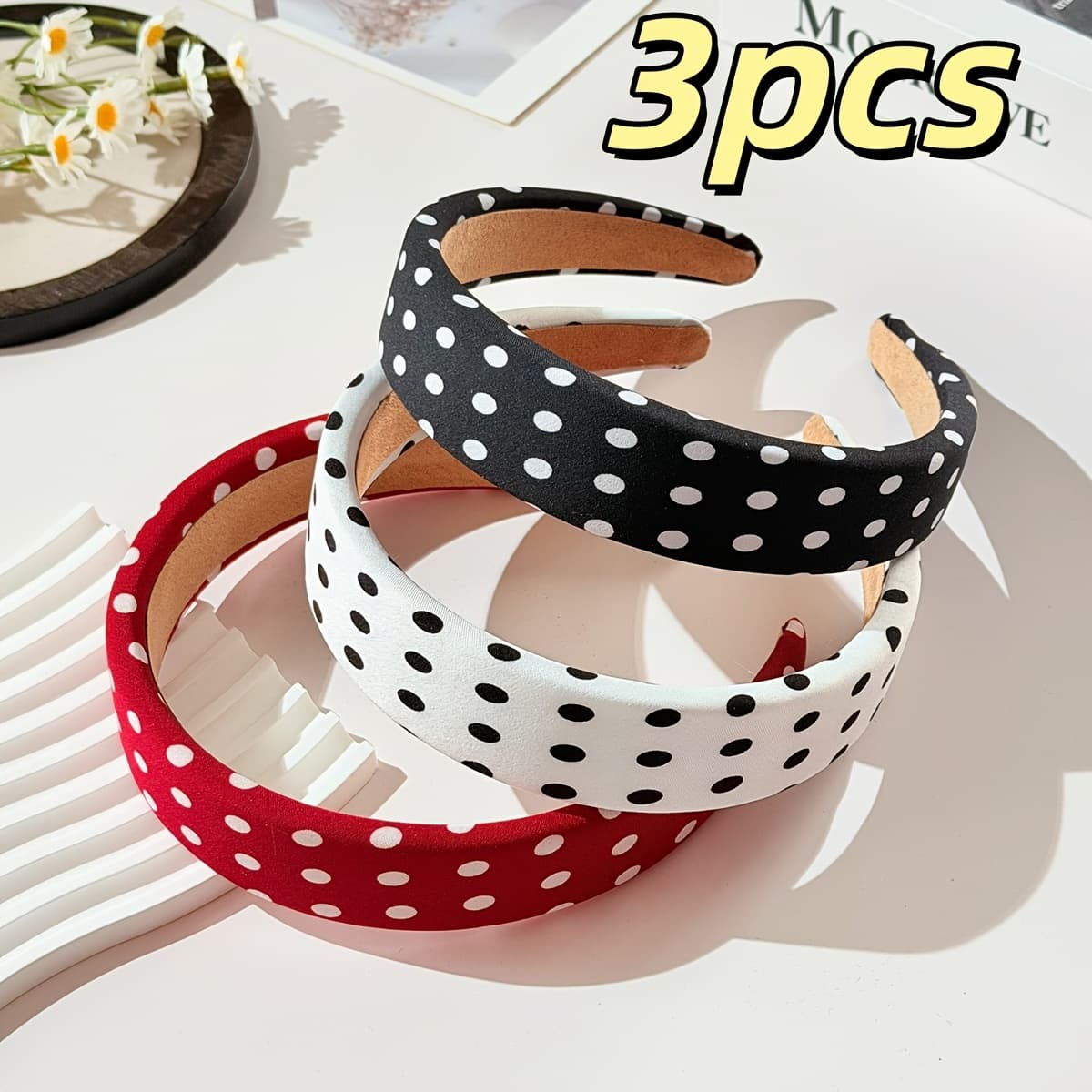 TEMU 3-pack Sweet Polka Dot Headbands, Elegant High Crown Sponge Headbands, Hair-pressing Hair Clips, Fashionable Polka Dot Versatile Hair Accessories