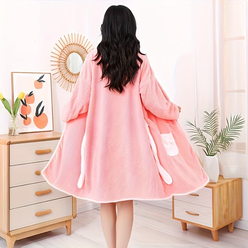 TEMU Women' Soft Absorbent Long-sleeve Robe - Quick-dry, Cartoon Pineapple Design With Straps, Perfect For