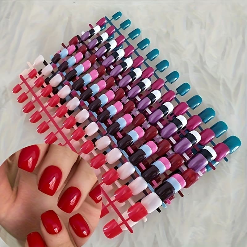 TEMU A Set Of 120 Assorted Glossy Short Square Artificial Nails, Offering In 5 Solid Shades. Removable Nail Stickers Are Perfect For Women And, Ideal For Festivals, Parties,