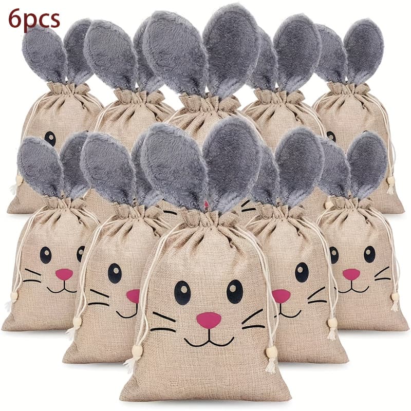 TEMU 6pcs Easter Linen Drawstring Burlap Bags With Cute Bunny Ears Gift Packaging Bags Suitable For Easter Gifting