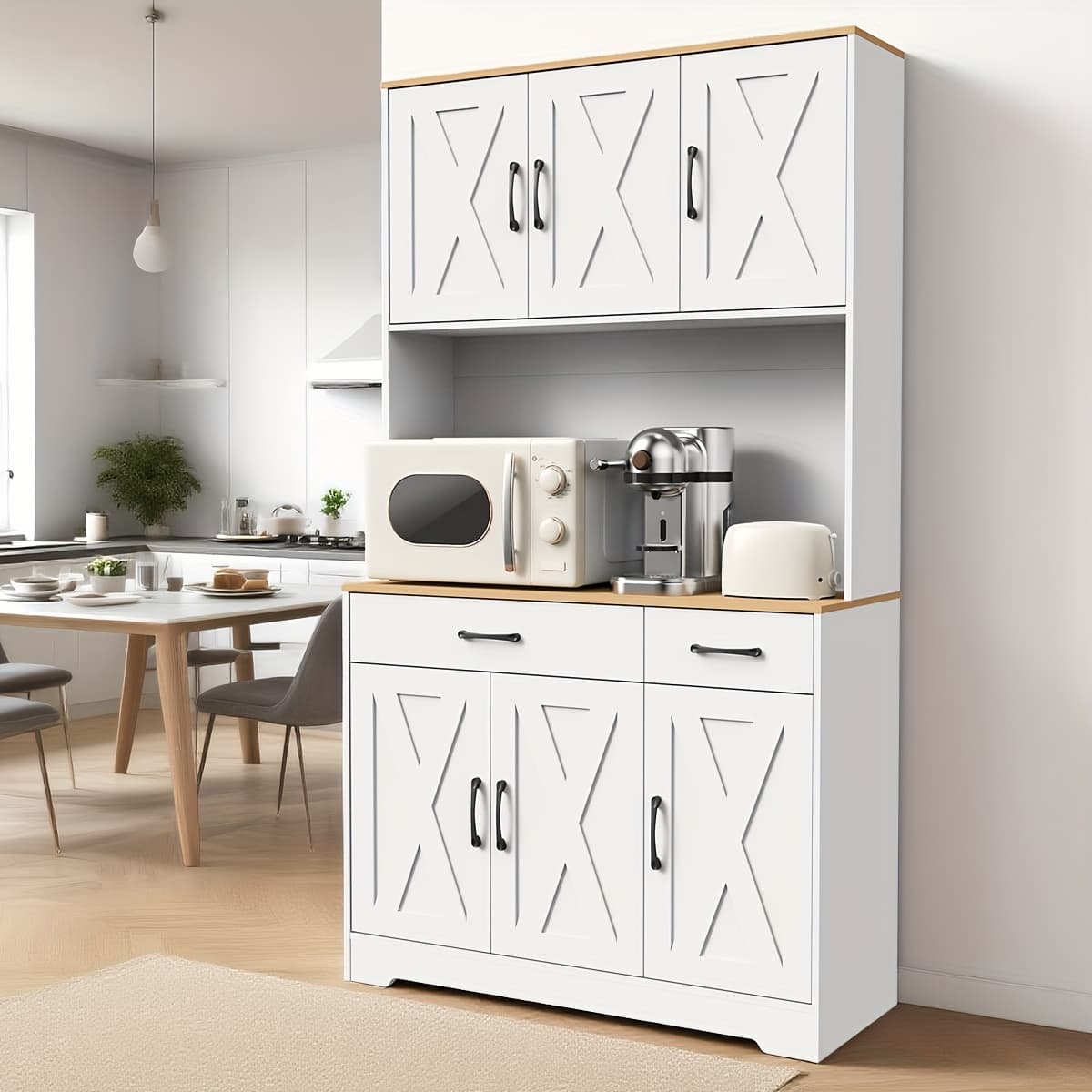 TEMU 67" Pantry Cabinet With Charging Station, Tall Kitchen Pantry Storage Cabinet With Microwave Stand, Farmhouse Kitchen Hutch With Storage Drawers For Living Room, Dining Room, White