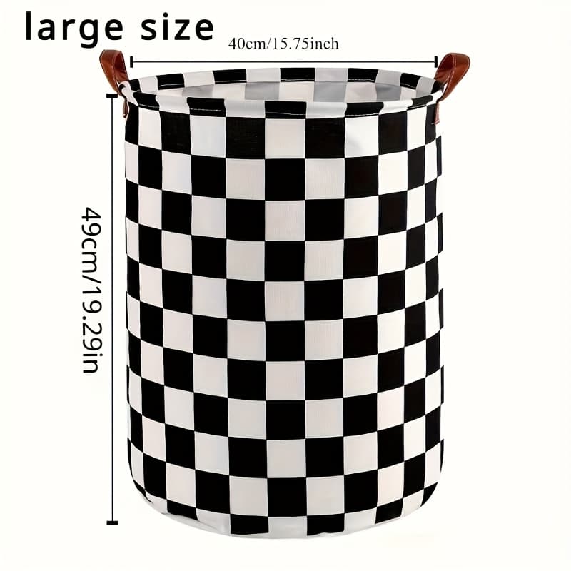 TEMU Checkered Fabric Laundry Basket With Leather Handle, Foldable And Clothing Storage Basket, Suitable For Rooms, Laundry Baskets
