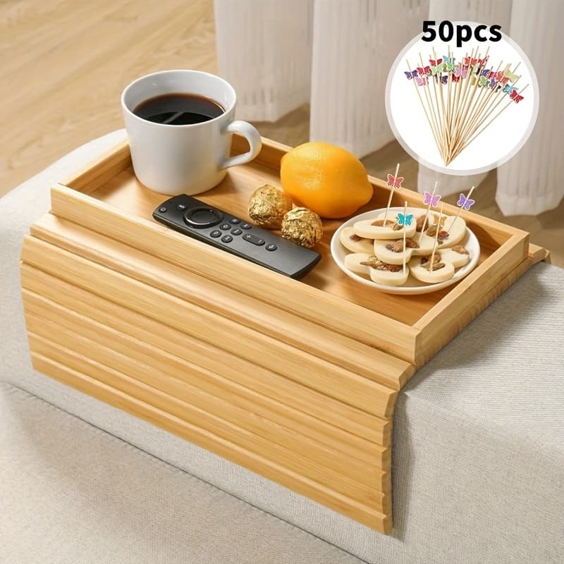 TEMU Bamboo Sofa Armrest Tray, Foldable Beverage And Snack Cup Placement Tray, Wooden Sofa Breakfast Tray, Father's Day Gift